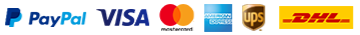 Logos of PayPal, Visa, Mastercard, American Express, UPS, and DHL on a white background