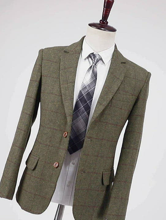 Menseventwear Men's 2 Pieces Formal Green Tweed Plaid Notch Lapel Tuxedos for Wedding(Blazer+Pants)