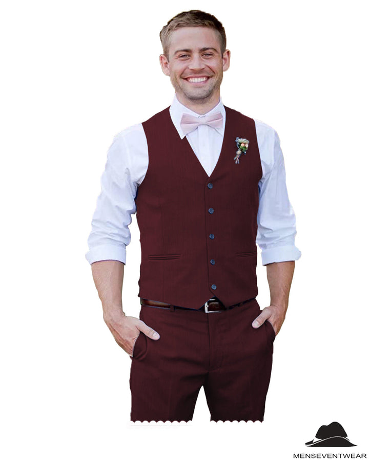 2 Pieces Mens Suit Flat V Neck Vest Suit For Wedding (Vest + Pants) mens event wear