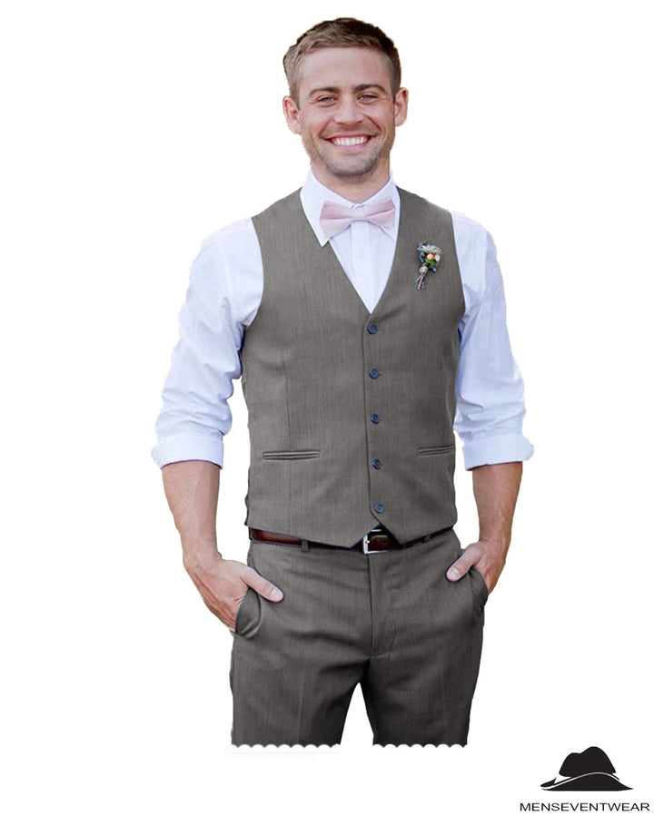 2 Pieces Mens Suit Flat V Neck Vest Suit For Wedding (Vest + Pants) mens event wear