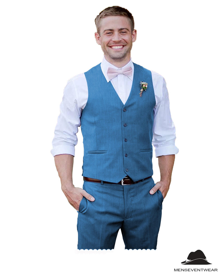 2 Pieces Mens Suit Flat V Neck Vest Suit For Wedding (Vest + Pants) mens event wear