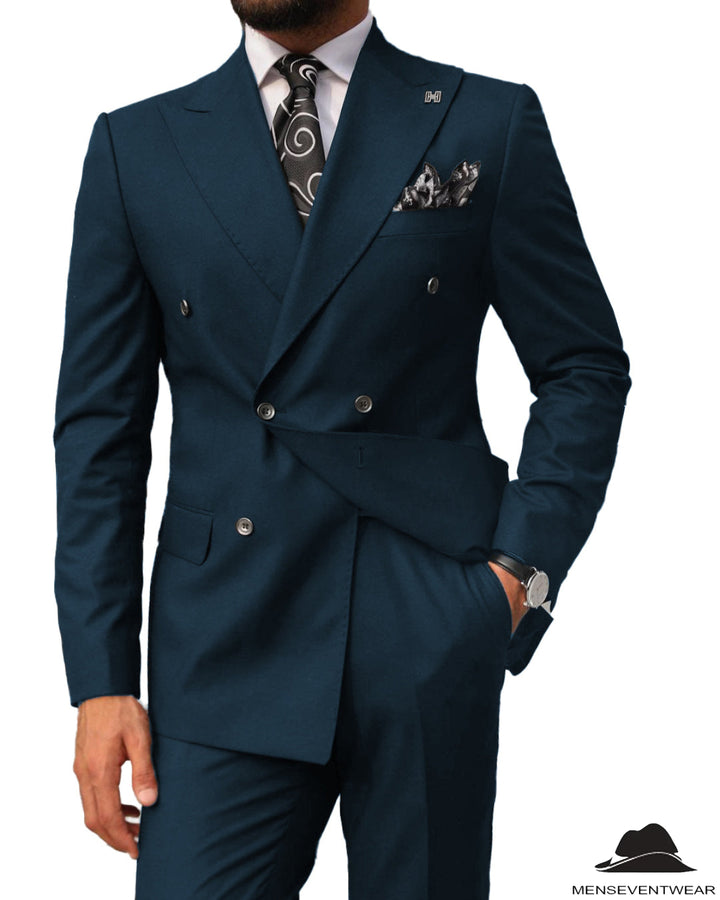 2 pieces Mens Suit Slim Fit Flat Double Breasted Peak Lapel Tuxedos(Blazer+Pants) mens event wear