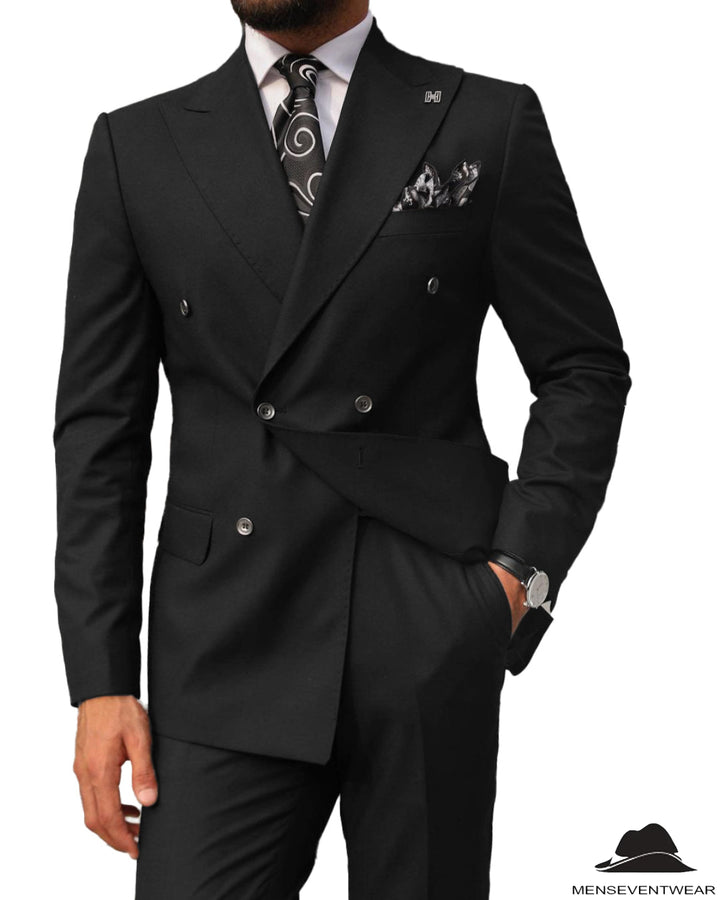 2 pieces Mens Suit Slim Fit Flat Double Breasted Peak Lapel Tuxedos(Blazer+Pants) mens event wear