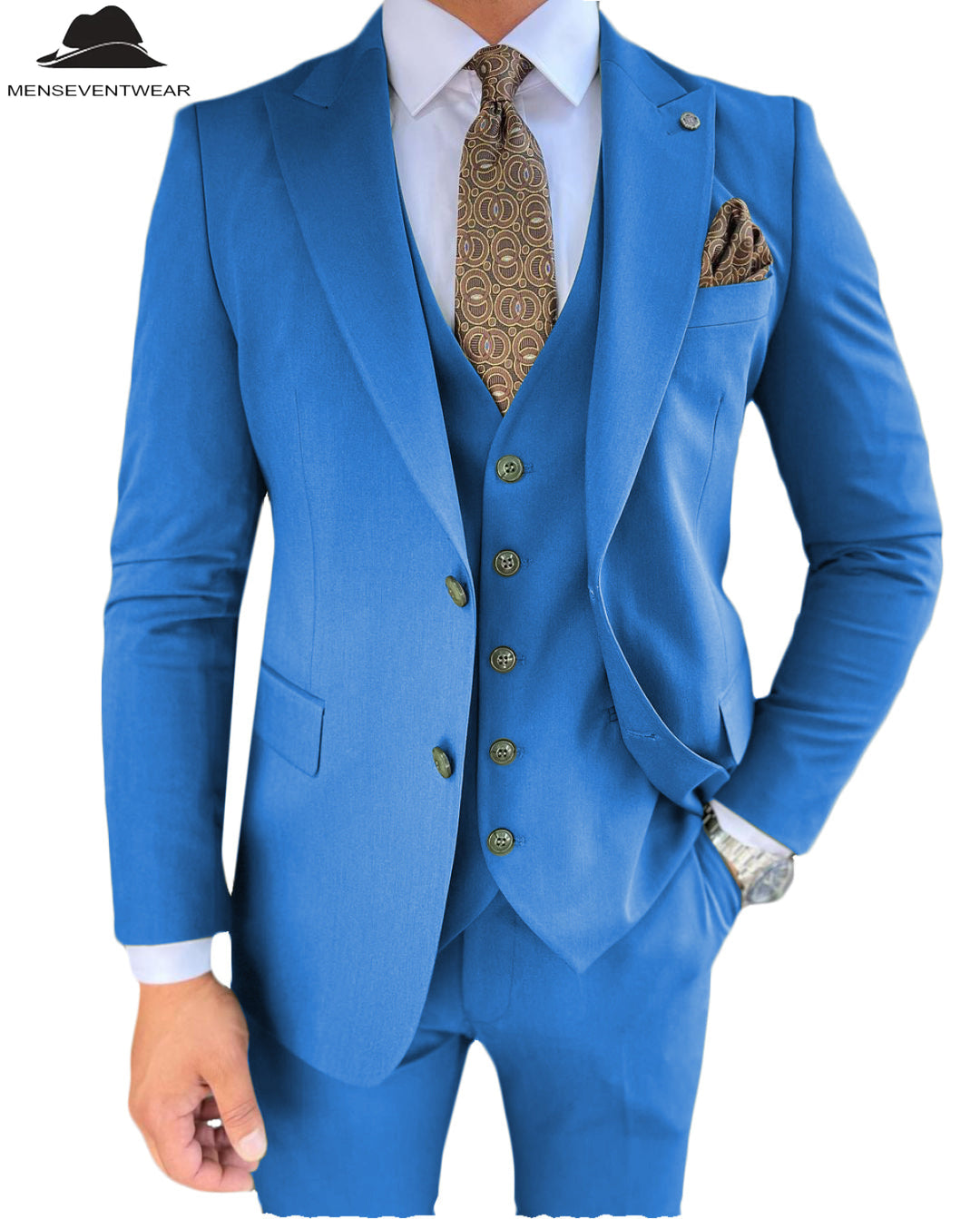 3 Pieces Mens Suit Slim Fit Solid Peak Lapel Tuxedos Groomsmen (Blazer+vest+Pants) mens event wear