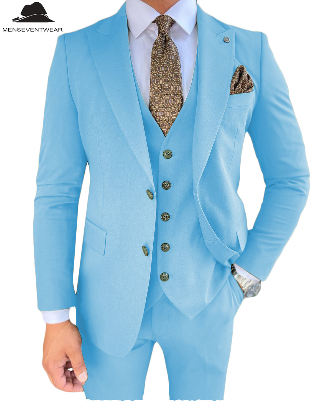 3 Pieces Mens Suit Slim Fit Solid Peak Lapel Tuxedos Groomsmen (Blazer+vest+Pants) mens event wear