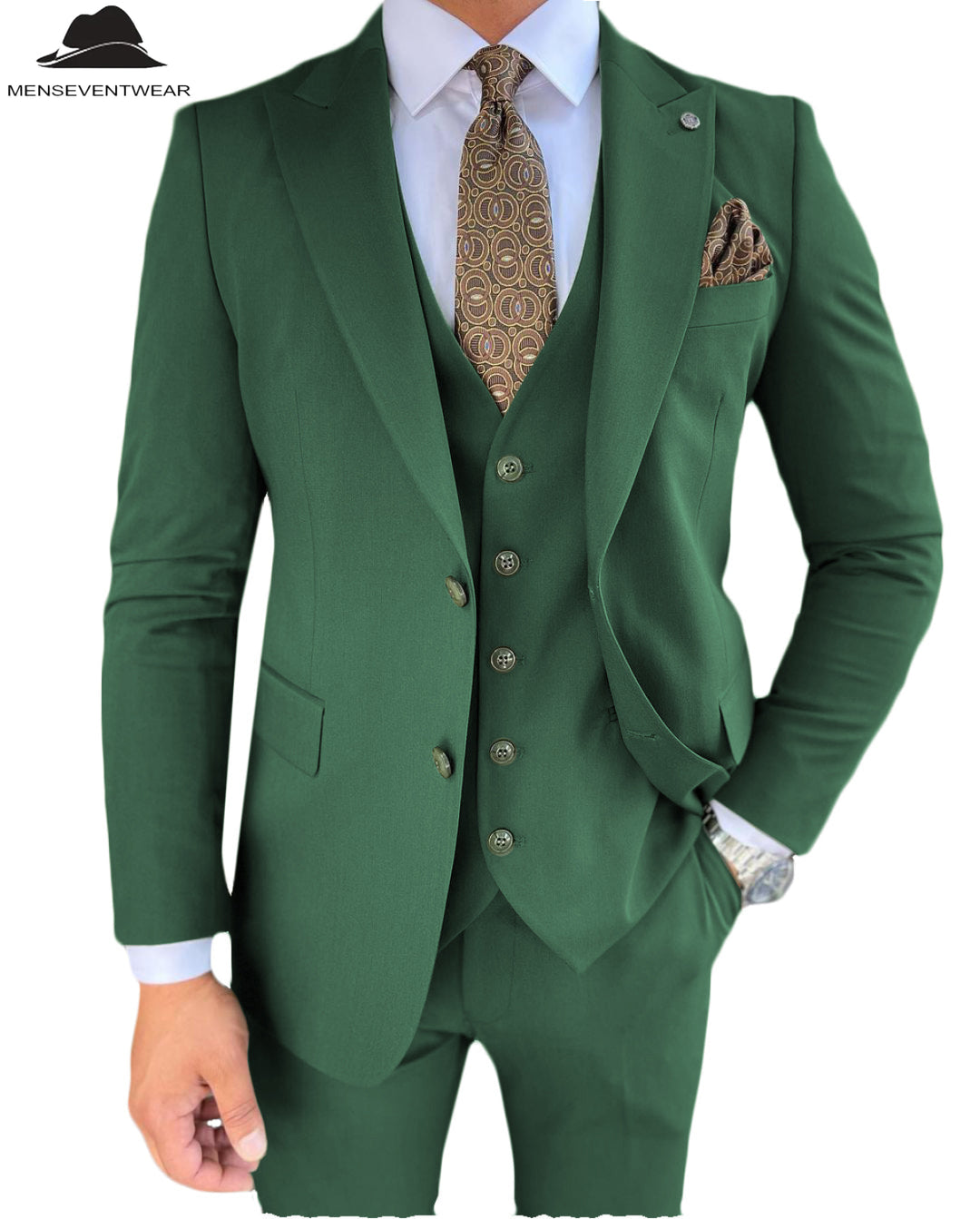 3 Pieces Mens Suit Slim Fit Solid Peak Lapel Tuxedos Groomsmen (Blazer+vest+Pants) mens event wear