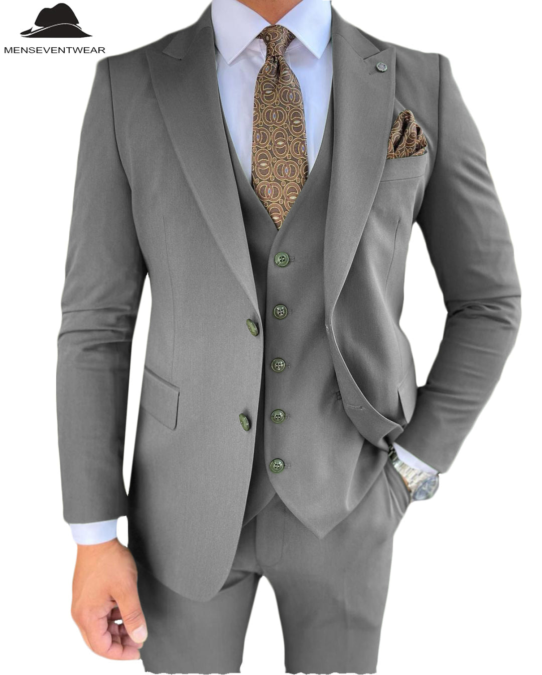 3 Pieces Mens Suit Slim Fit Solid Peak Lapel Tuxedos Groomsmen (Blazer+vest+Pants) mens event wear