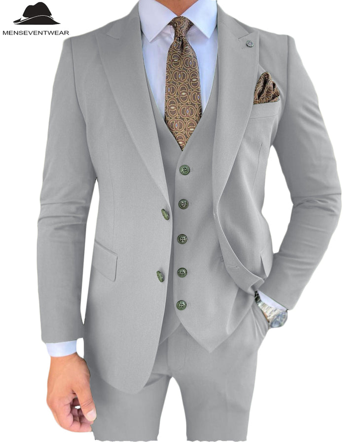 3 Pieces Mens Suit Slim Fit Solid Peak Lapel Tuxedos Groomsmen (Blazer+vest+Pants) mens event wear
