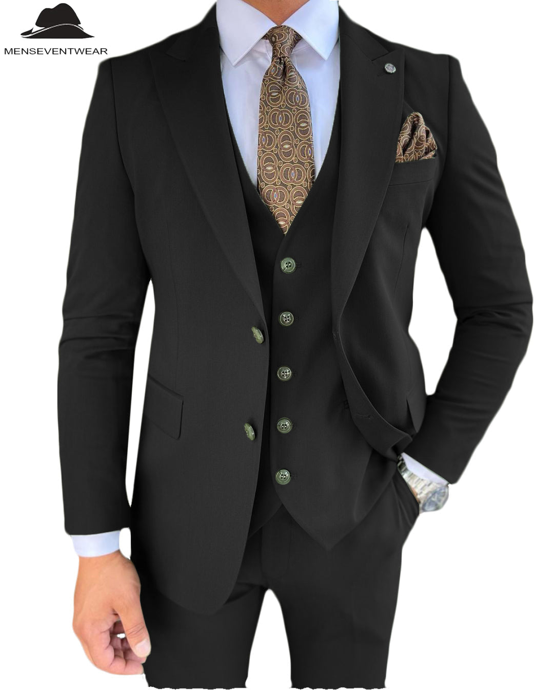 3 Pieces Mens Suit Slim Fit Solid Peak Lapel Tuxedos Groomsmen (Blazer+vest+Pants) mens event wear