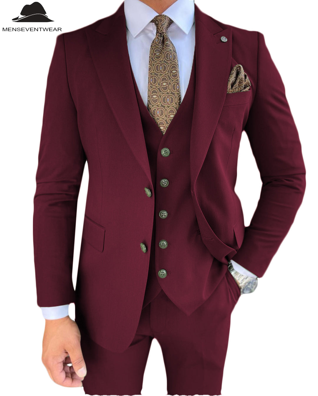 3 Pieces Mens Suit Slim Fit Solid Peak Lapel Tuxedos Groomsmen (Blazer+vest+Pants) mens event wear