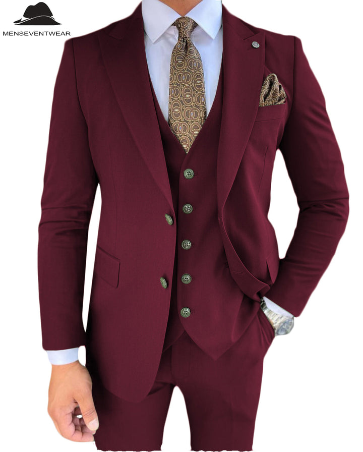 3 Pieces Mens Suit Slim Fit Solid Peak Lapel Tuxedos Groomsmen (Blazer+vest+Pants) mens event wear