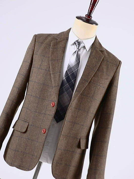 Menseventwear Men's 2 Pieces Formal Coffee Plaid Notch Lapel Tuxedos for Wedding(Blazer+Pants)