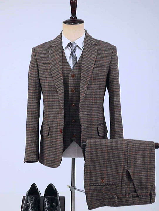 Menseventwear Men's Business 3 Pieces Formal Coffee Plaid Notch Lapel Suit (Blazer+vest+Pants)