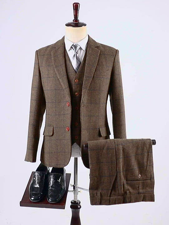 Menseventwear Men's Formal 3 Pieces Business Coffee Tweed Plaid Notch Lapel Suit (Blazer+vest+Pants)