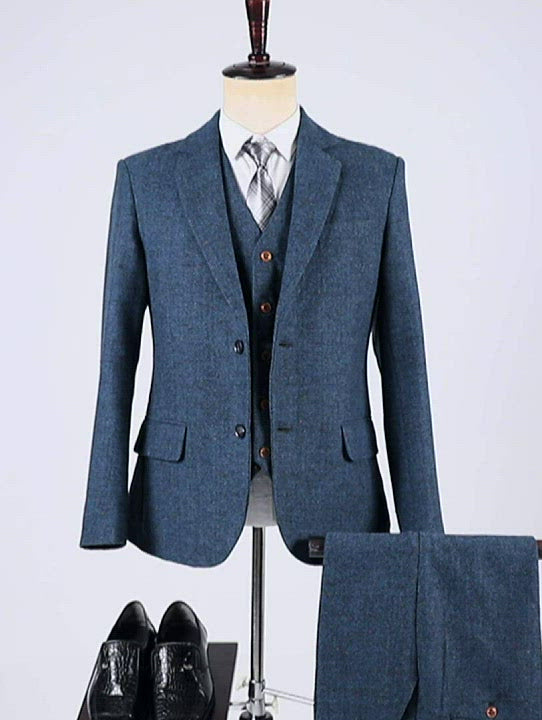 Menseventwear Men's Business 3 Pieces Formal  Royal Blue Herringbone Tweed Notch Lapel Suit (Blazer+vest+Pants)