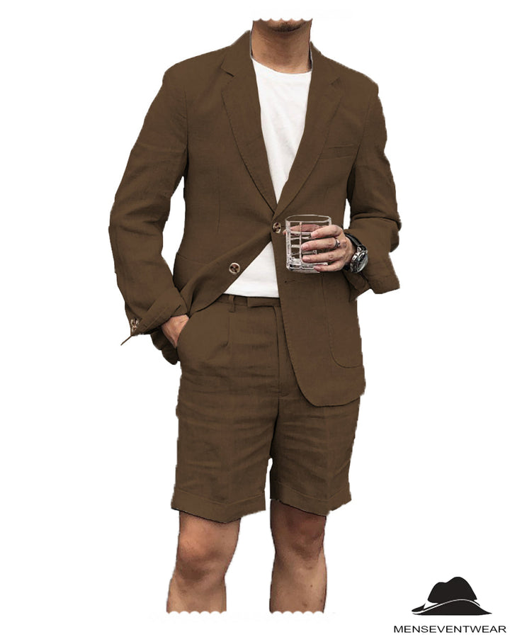 Casual 2 Piece Men's Suit Flat Linen Notch Lapel Tuxedos (Blazer+Shorts) mens event wear