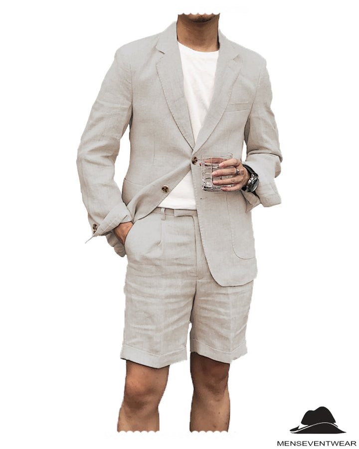 Casual 2 Piece Men's Suit Flat Linen Notch Lapel Tuxedos (Blazer+Shorts) mens event wear