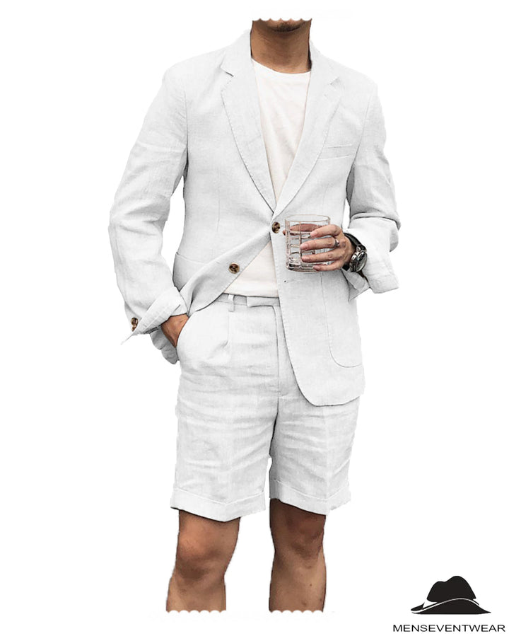 Casual 2 Piece Men's Suit Flat Linen Notch Lapel Tuxedos (Blazer+Shorts) mens event wear