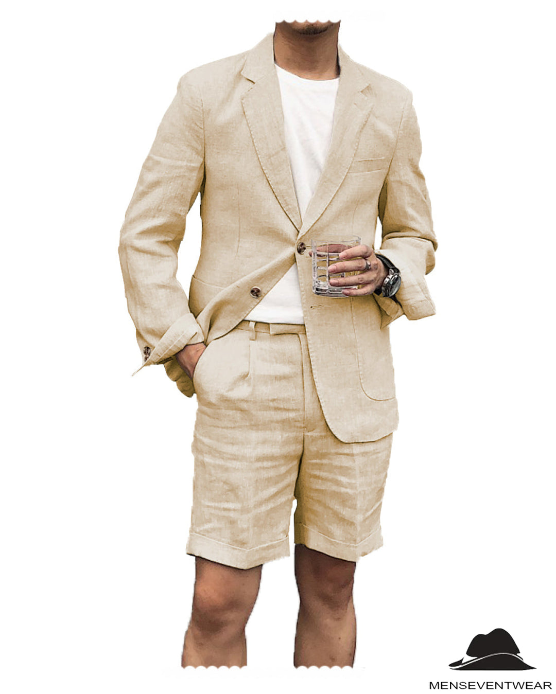 Casual 2 Piece Men's Suit Flat Linen Notch Lapel Tuxedos (Blazer+Shorts) mens event wear