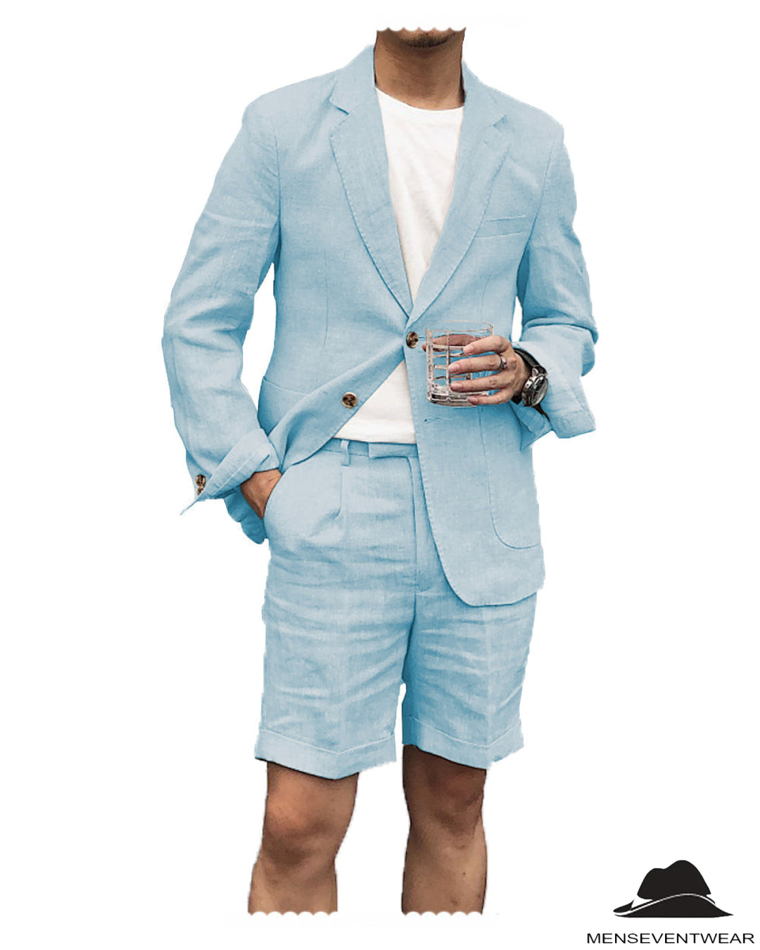 Casual 2 Piece Men's Suit Flat Linen Notch Lapel Tuxedos (Blazer+Shorts) mens event wear