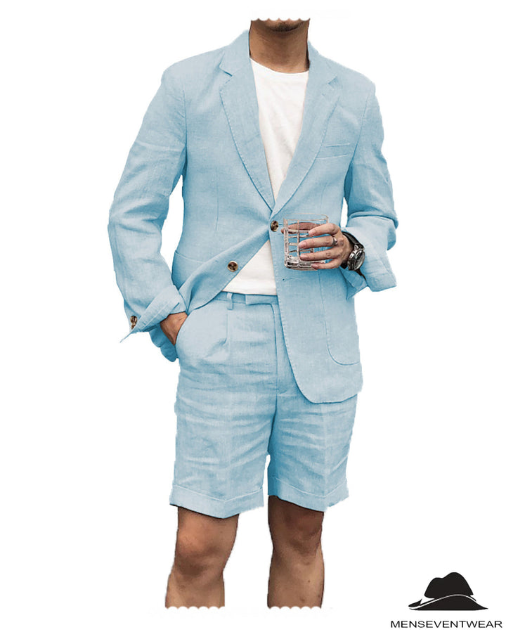 Casual 2 Piece Men's Suit Flat Linen Notch Lapel Tuxedos (Blazer+Shorts) mens event wear
