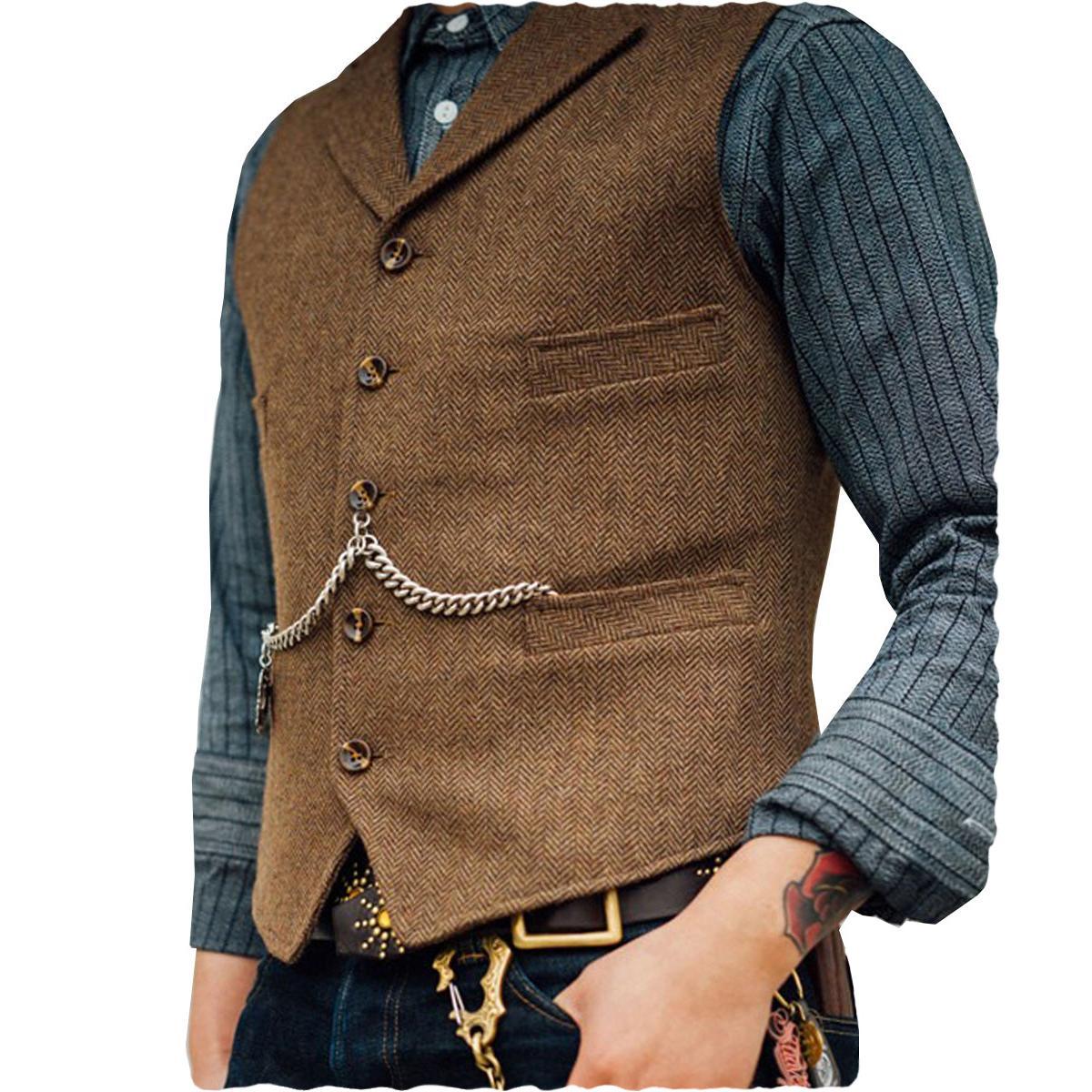 Menseventwear Casual Men's Classic Slim Fit Tweed Herringbone Notch Lapel Waistcoat