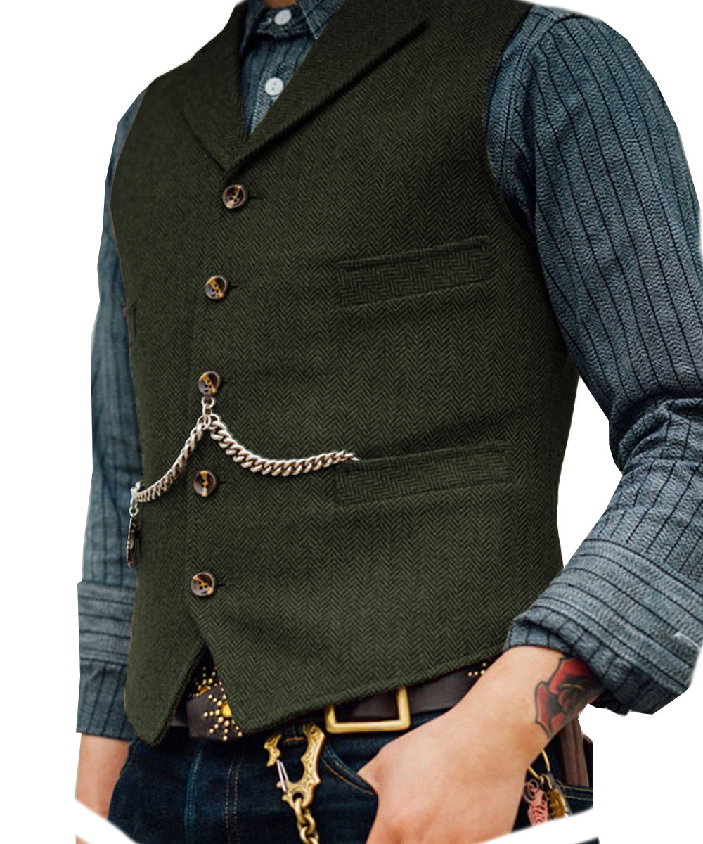 Casual Men's Classic Slim Fit Tweed Herringbone Notch Lapel Waistcoat menseventwear