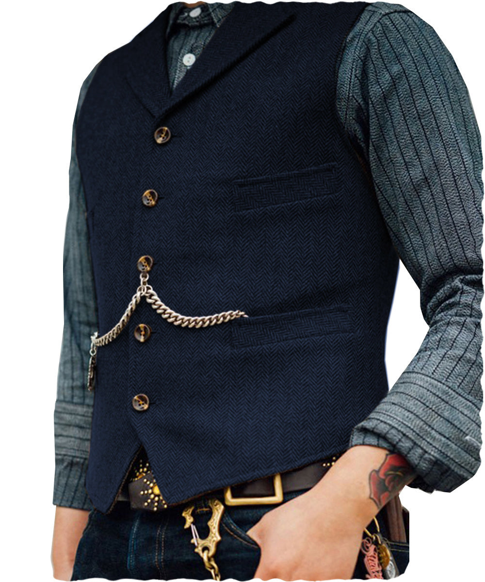Casual Men's Classic Slim Fit Tweed Herringbone Notch Lapel Waistcoat menseventwear