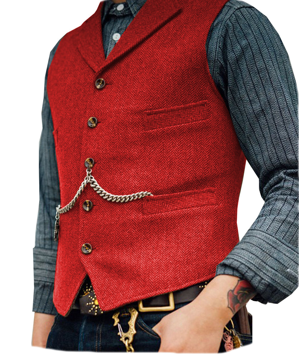 Casual Men's Classic Slim Fit Tweed Herringbone Notch Lapel Waistcoat menseventwear