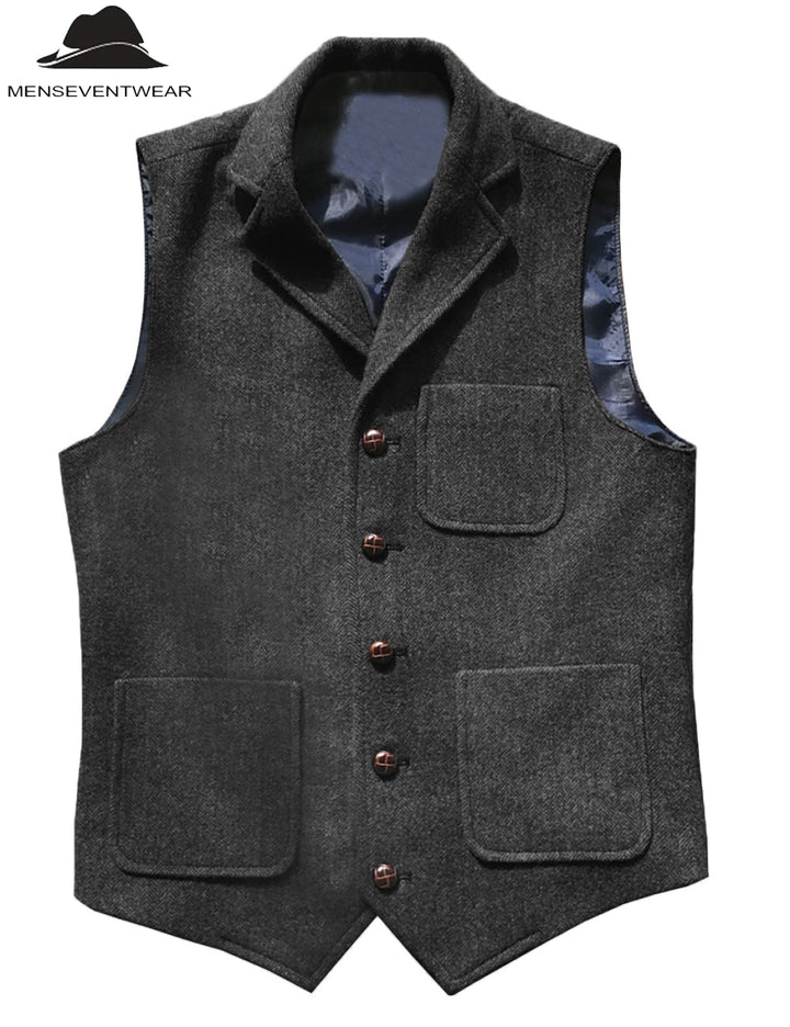 Casual Men's Classic Tweed Herringbone Notch Lapel Waistcoat Adam Reed