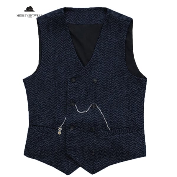 Casual Men's Vintage Double Breasted Tweed Herringbone V Neck Waistcoat menseventwear