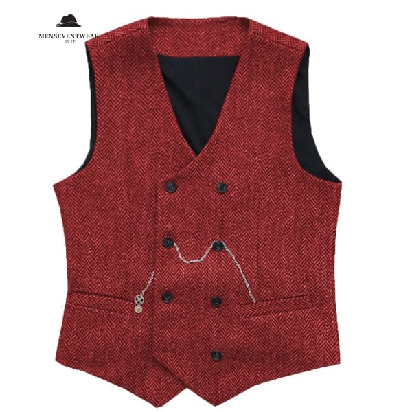 Casual Men's Vintage Double Breasted Tweed Herringbone V Neck Waistcoat menseventwear