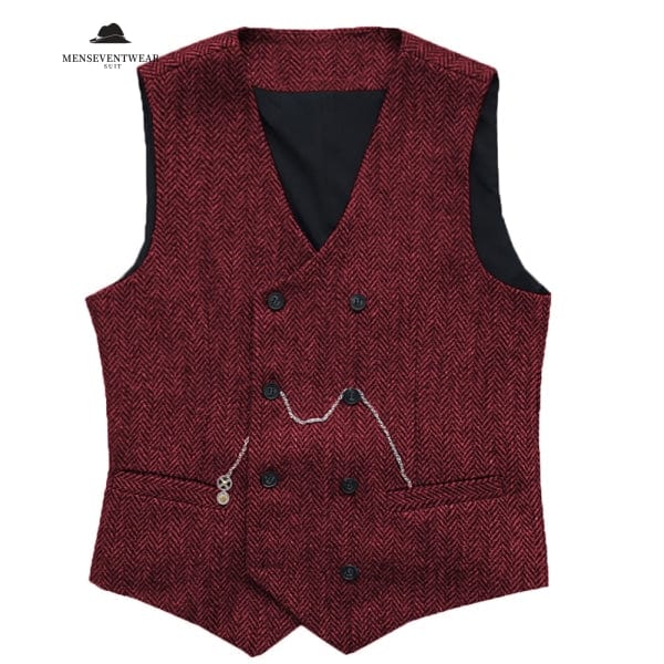 Casual Men's Vintage Double Breasted Tweed Herringbone V Neck Waistcoat menseventwear