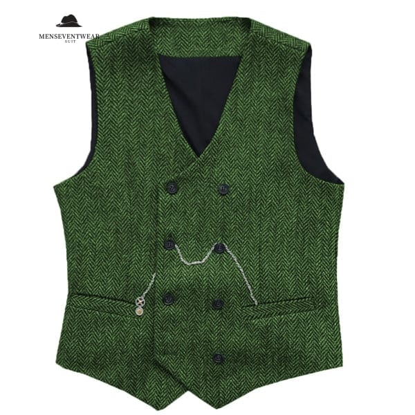 Casual Men's Vintage Double Breasted Tweed Herringbone V Neck Waistcoat menseventwear