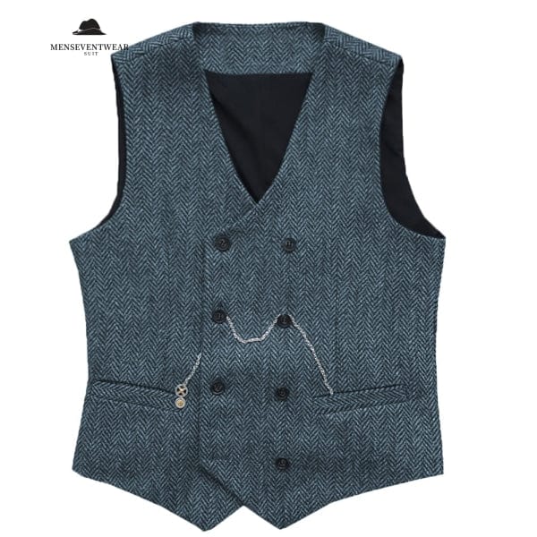 Casual Men's Vintage Double Breasted Tweed Herringbone V Neck Waistcoat menseventwear