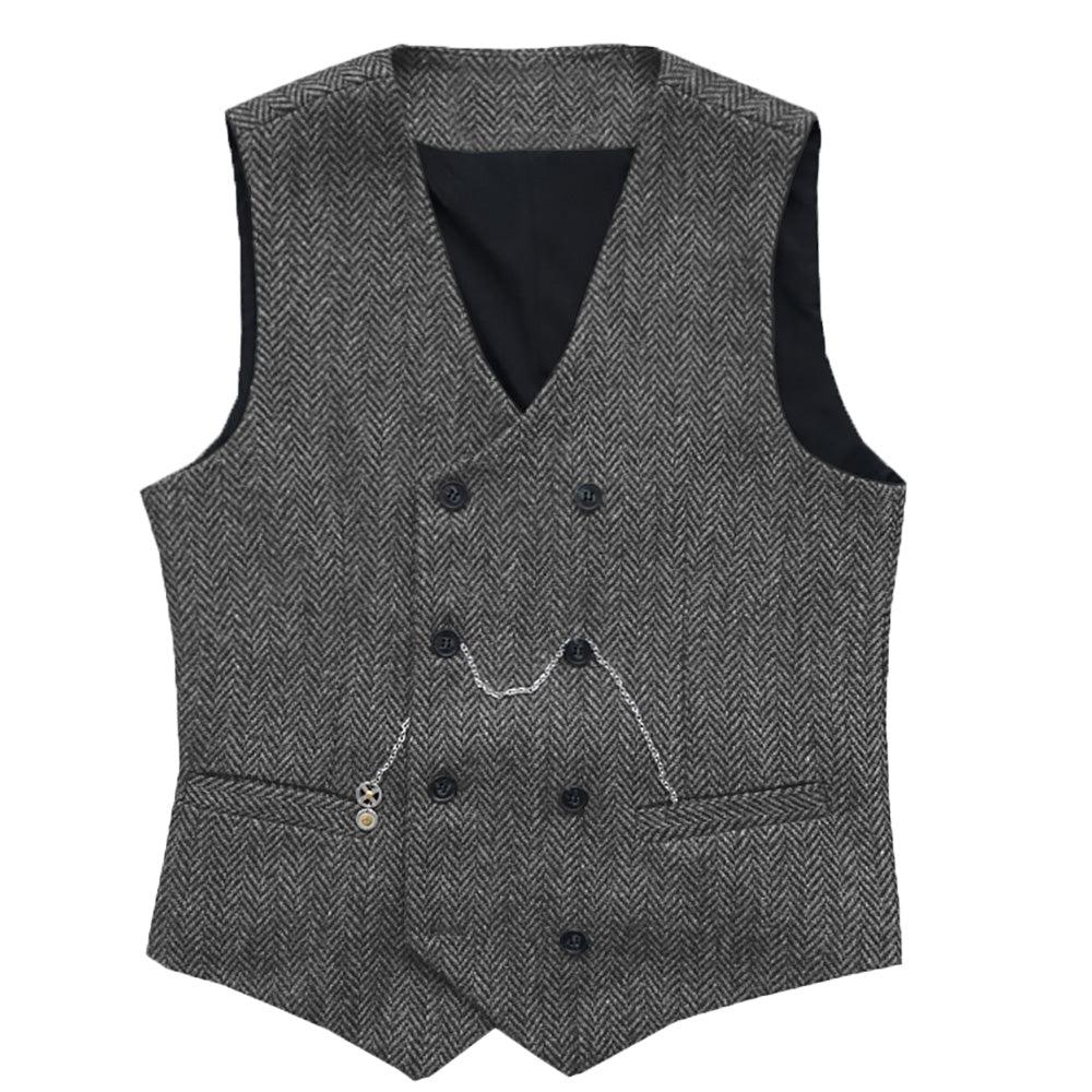 Casual Men's Vintage Double Breasted Tweed Herringbone V Neck