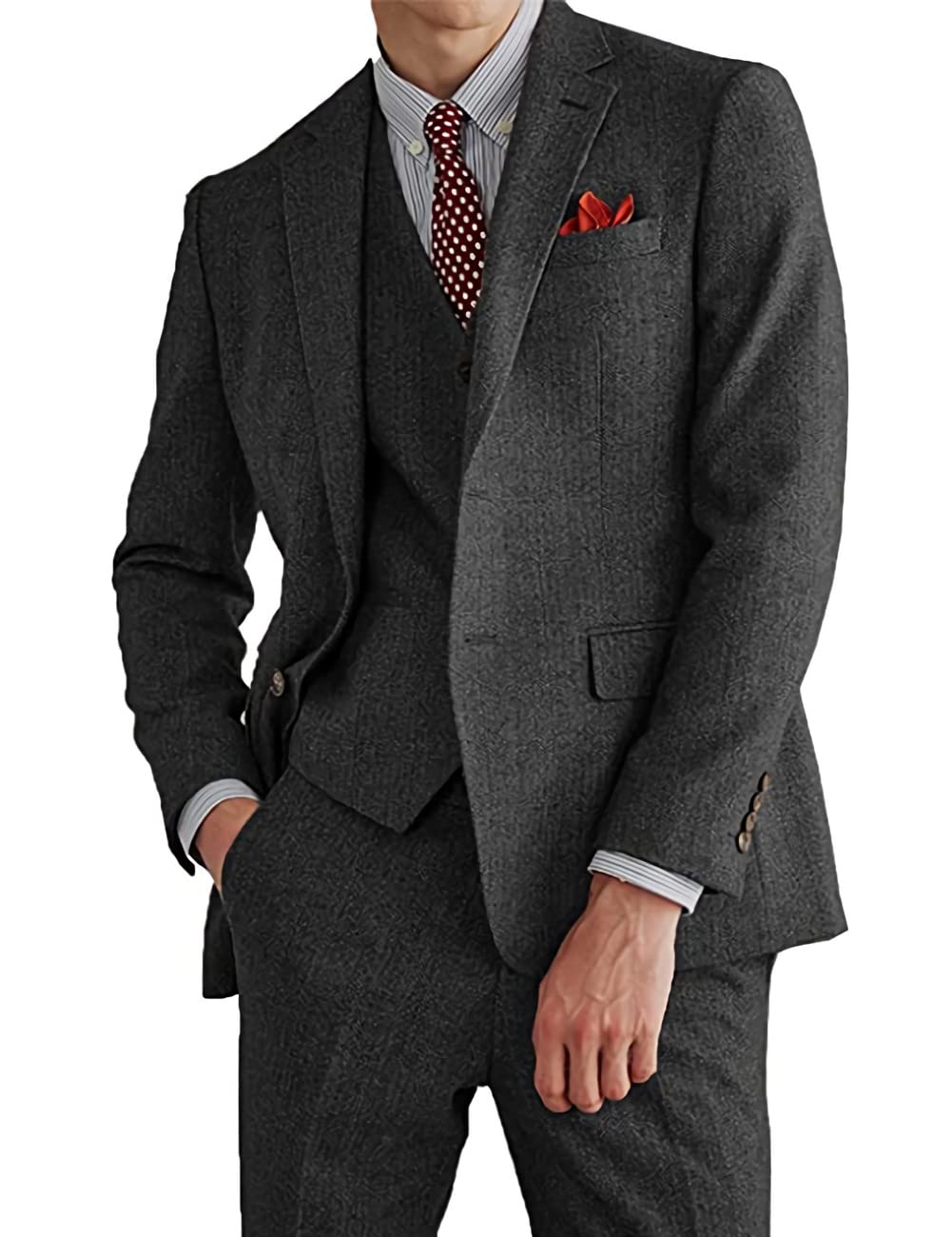 Classic 3 Pieces Mens Suit Herringbone Tweed Notch Lapel Tuxedos (Blazer+vest+Pants) mens event wear