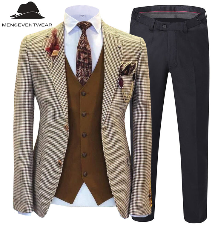 Fashion Men's 3 Pieces Houndstooth Notch Lapel Tuxedos (Blazer+vest+Pants) mens event wear