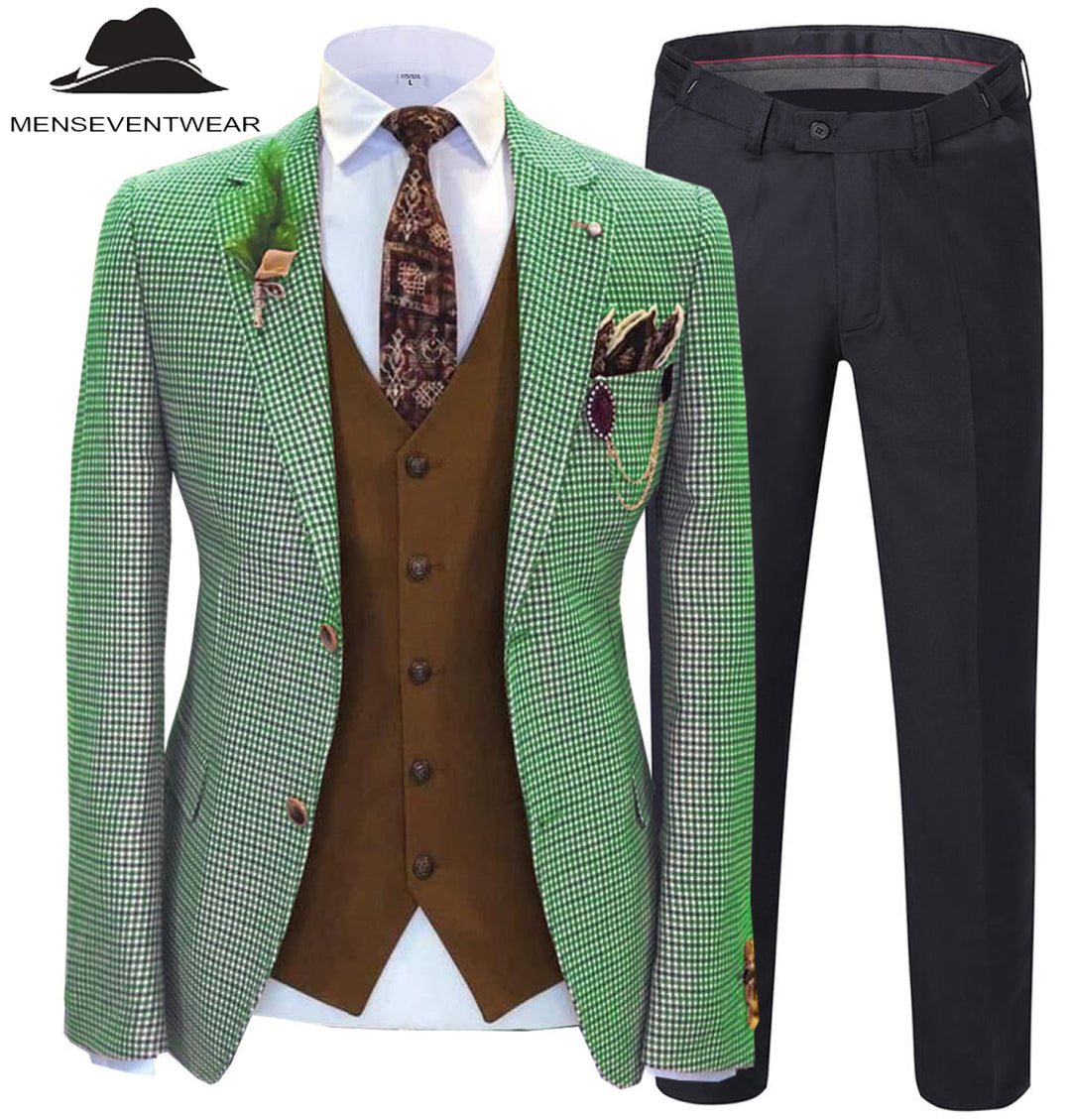 Fashion Men's 3 Pieces Houndstooth Notch Lapel Tuxedos (Blazer+vest+Pants) mens event wear