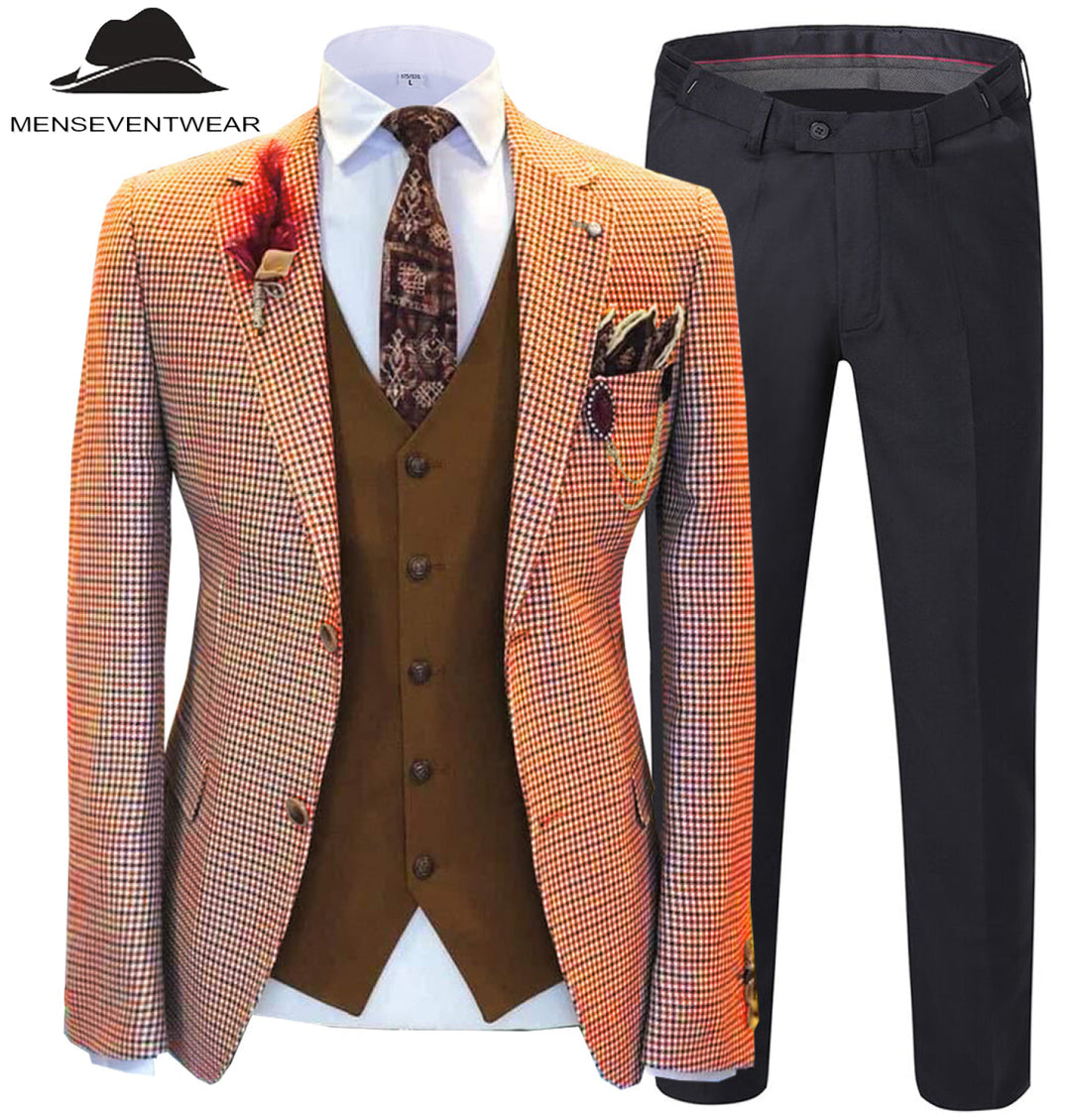 Fashion Men's 3 Pieces Houndstooth Notch Lapel Tuxedos (Blazer+vest+Pants) mens event wear