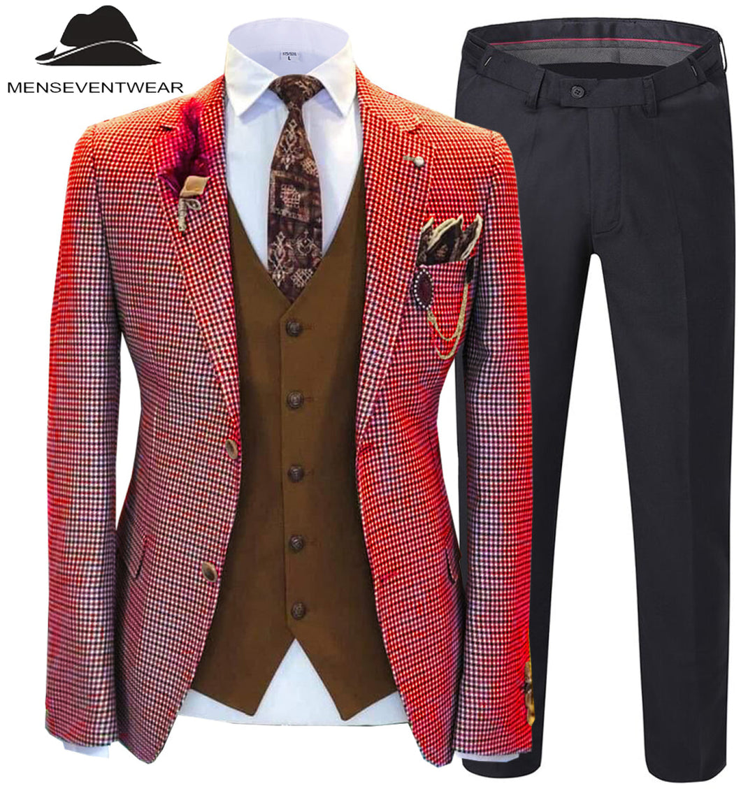 Fashion Men's 3 Pieces Houndstooth Notch Lapel Tuxedos (Blazer+vest+Pants) mens event wear