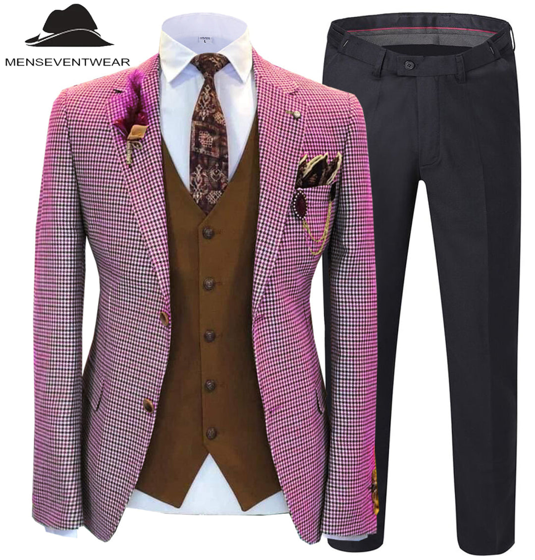Fashion Men's 3 Pieces Houndstooth Notch Lapel Tuxedos (Blazer+vest+Pants) mens event wear
