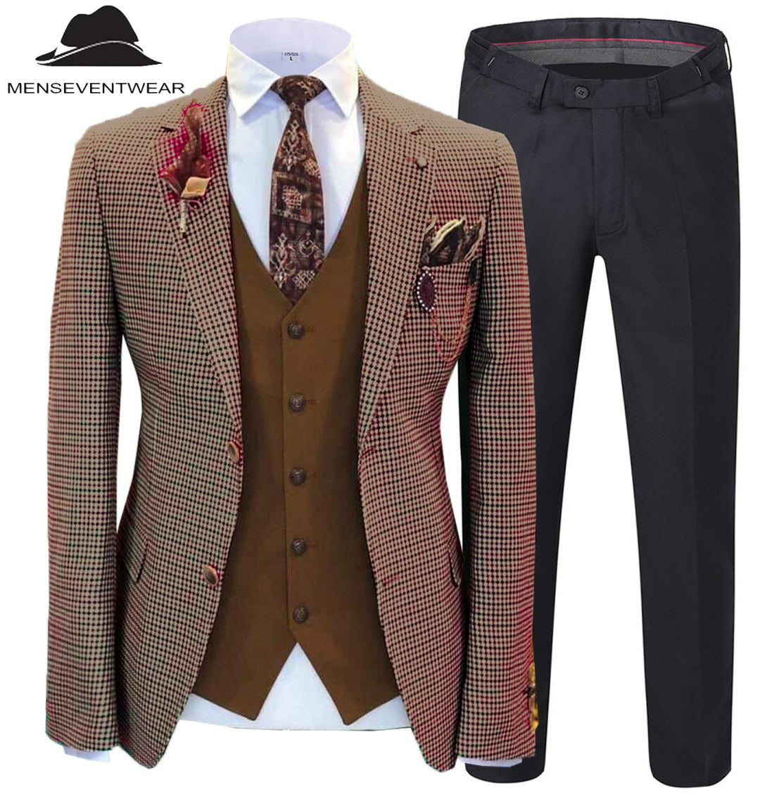 Fashion Men's 3 Pieces Houndstooth Notch Lapel Tuxedos (Blazer+vest+Pants) mens event wear