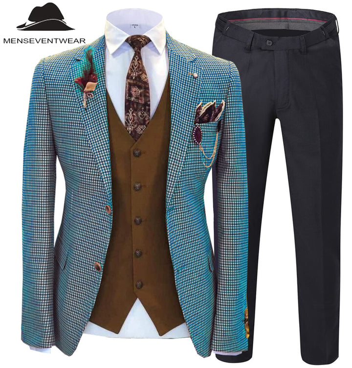 Fashion Men's 3 Pieces Houndstooth Notch Lapel Tuxedos (Blazer+vest+Pants) mens event wear