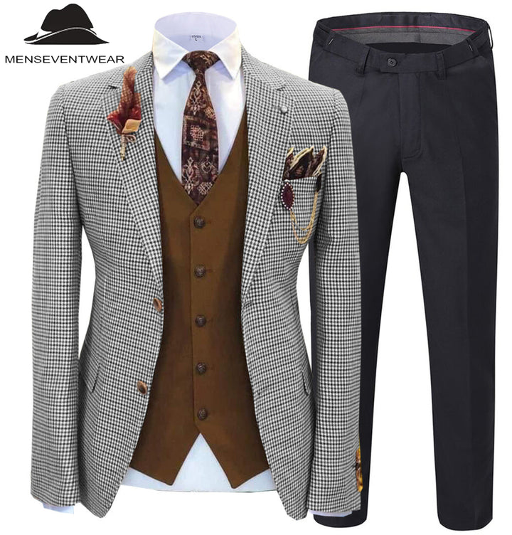 Fashion Men's 3 Pieces Houndstooth Notch Lapel Tuxedos (Blazer+vest+Pants) mens event wear