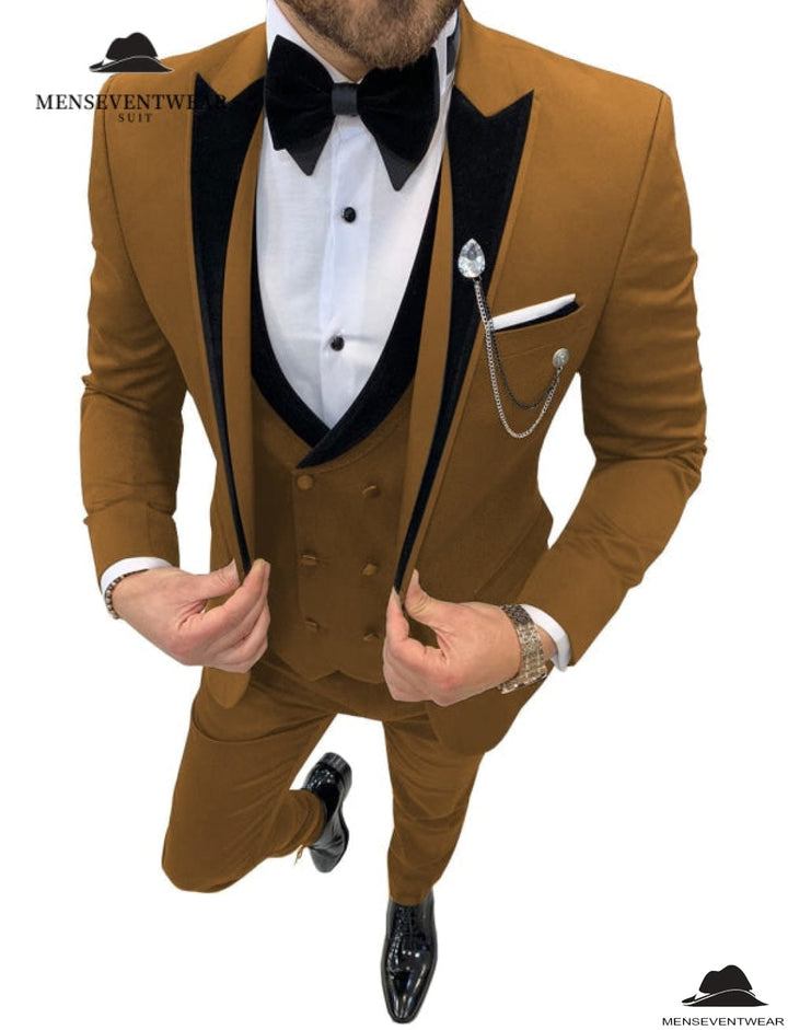 Formal 3 Pieces Mens Suit Classic Flat Peak Lapel Solid Tuxedos (Blazer+vest+Pants) mens event wear