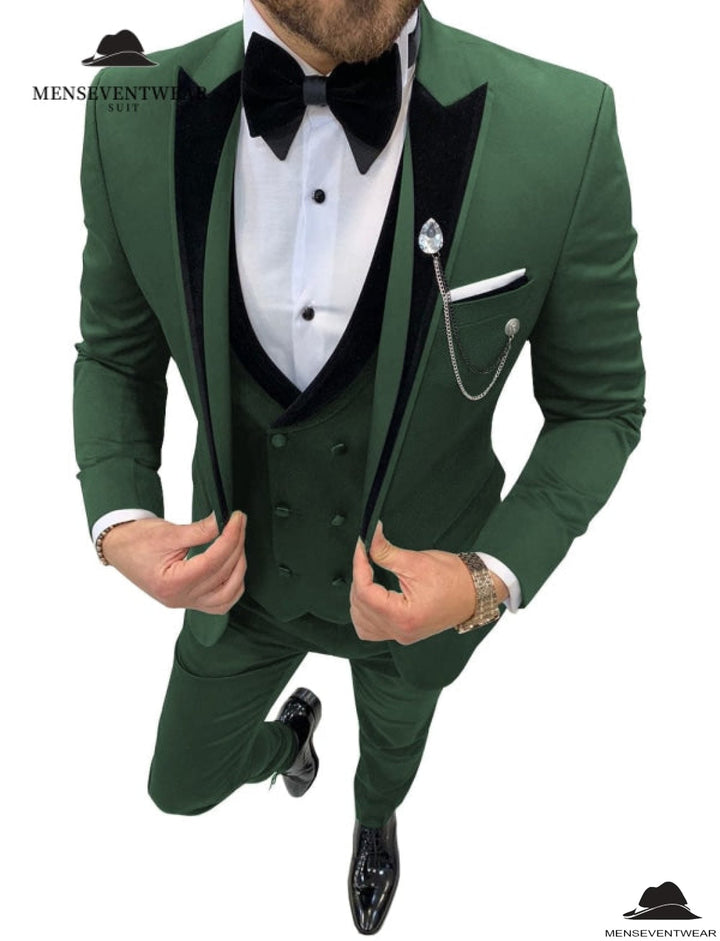 Formal 3 Pieces Mens Suit Classic Flat Peak Lapel Solid Tuxedos (Blazer+vest+Pants) mens event wear