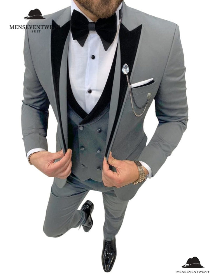 Formal 3 Pieces Mens Suit Classic Flat Peak Lapel Solid Tuxedos (Blazer+vest+Pants) mens event wear