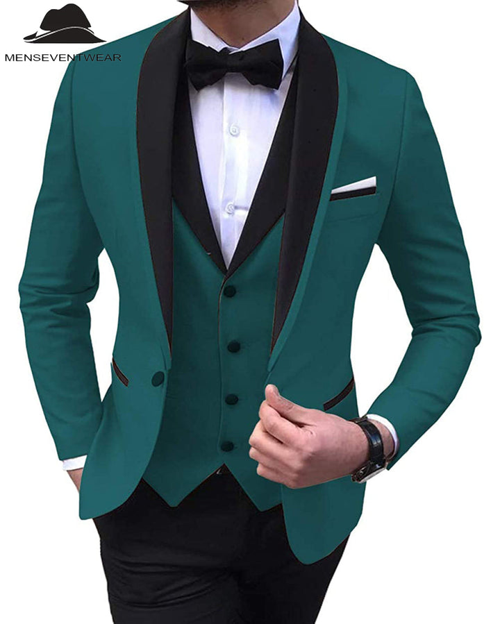 Formal 3 Pieces Mens Suit Flat Shawl Lapel Tuxedos (Blazer+vest+Pants) mens event wear