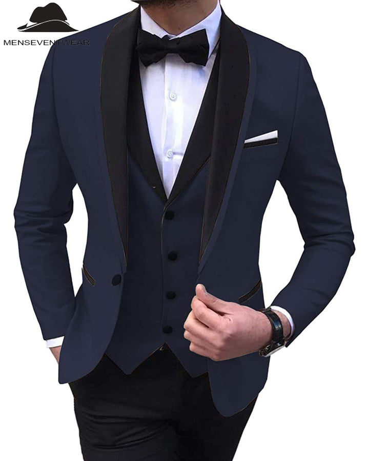 Formal 3 Pieces Mens Suit Flat Shawl Lapel Tuxedos (Blazer+vest+Pants) mens event wear